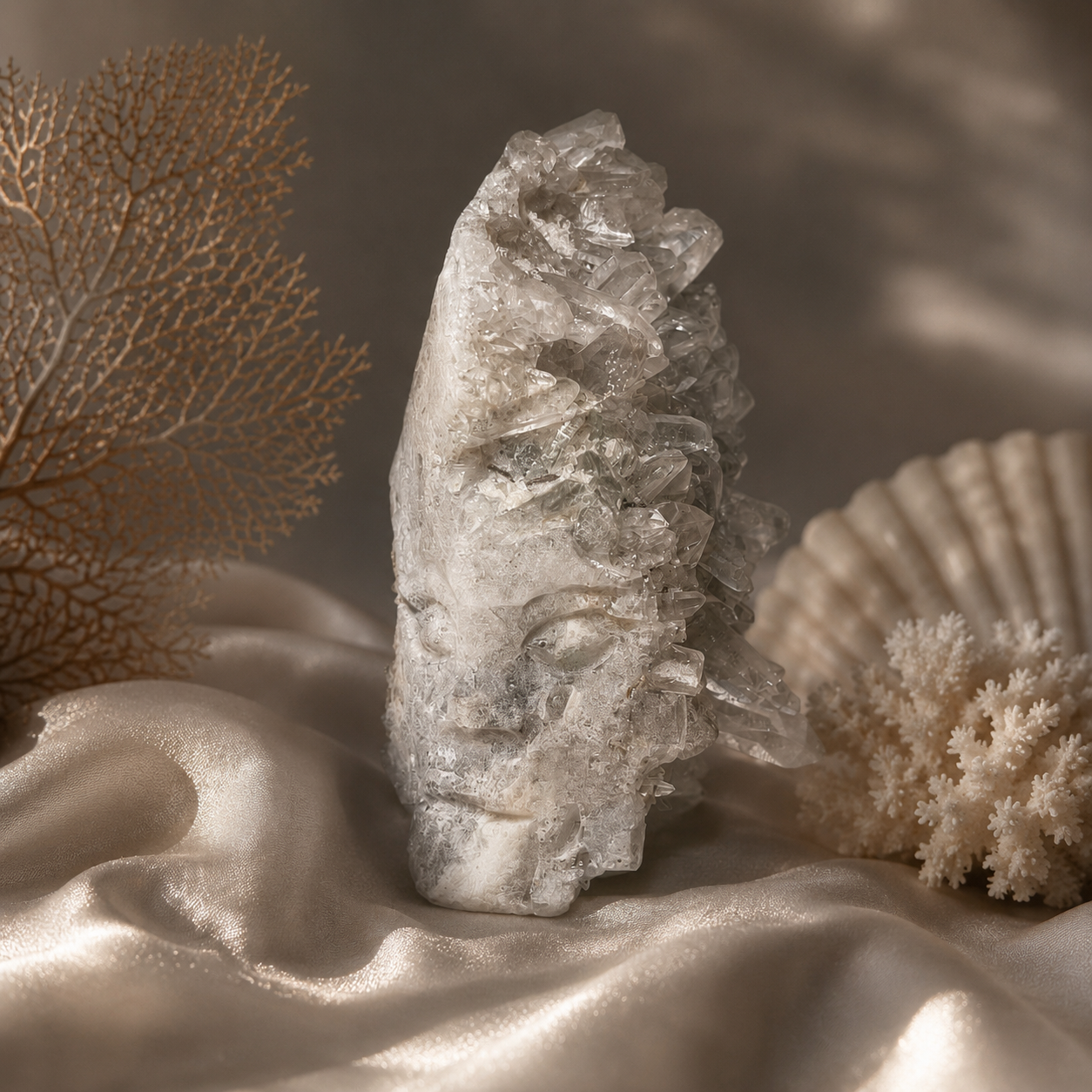 Raw Clear Quartz with Face Carving